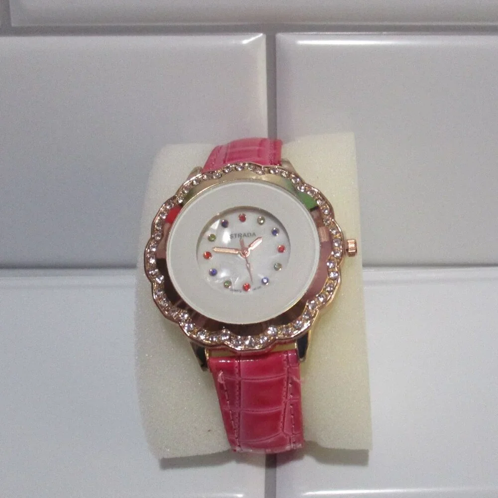 STRADA Watch Austrian Crystal Faux Leather Bnd Pink